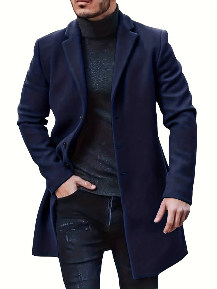 Men's woolen coat lapel collar midlength button closure