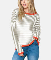 Women's drop shoulder striped contrast color knitted sweater