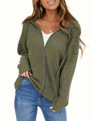 Women's solid color hooded drawstring zipper jacket