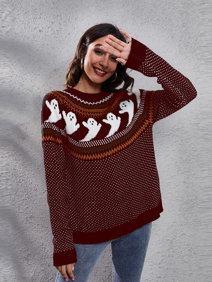 Women's halloween ghost polka dot long-sleeve loose knit sweater