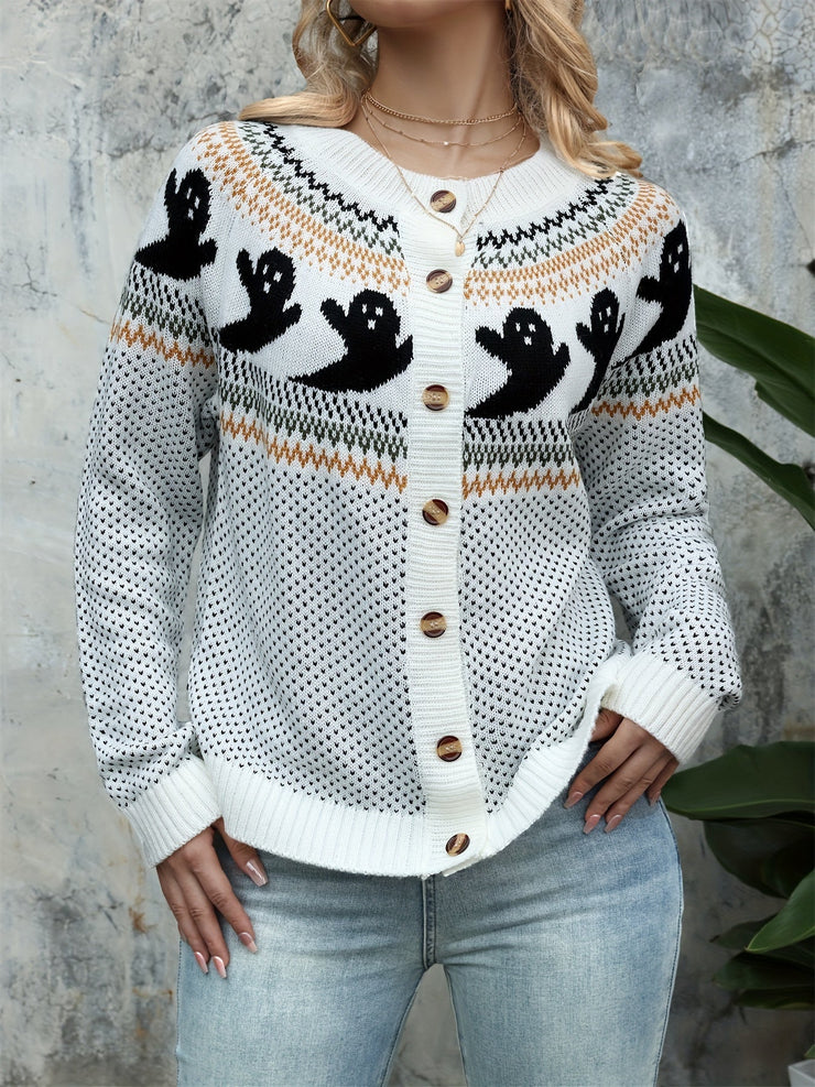 Women's halloween ghost polka dot long-sleeve knitted cardigan sweater