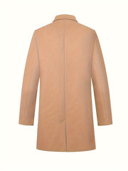 Men's woolen coat lapel collar midlength button closure