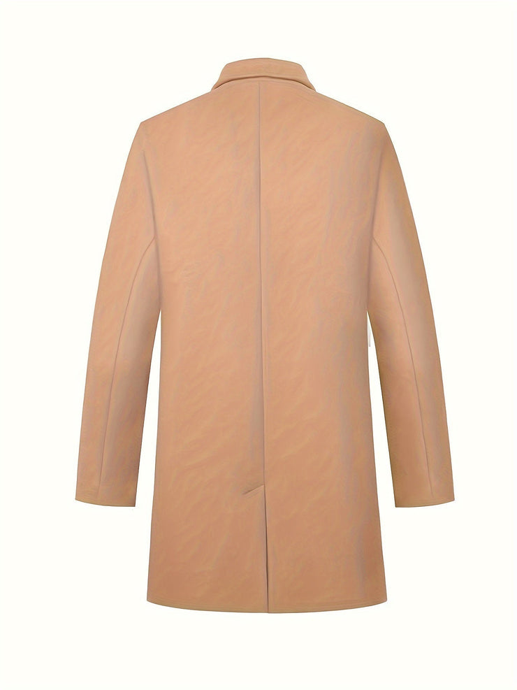 Men's woolen coat lapel collar midlength button closure
