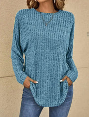 Women's long sleeve round neck spliced striped t-shirt for autumn and winter