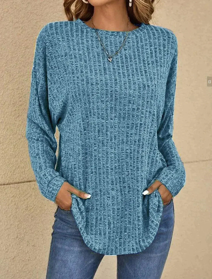 Women's long sleeve round neck spliced striped t-shirt for autumn and winter