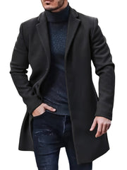 Men's woolen coat lapel collar midlength button closure