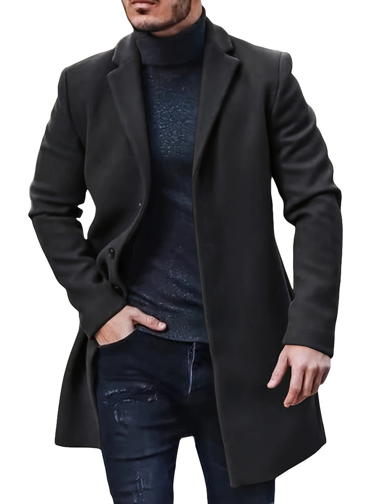 Men's woolen coat lapel collar midlength button closure