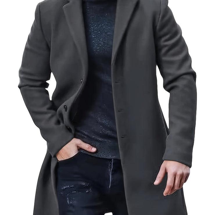 Men's woolen coat lapel collar midlength button closure