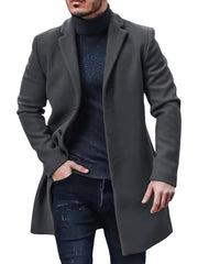 Men's woolen coat lapel collar midlength button closure