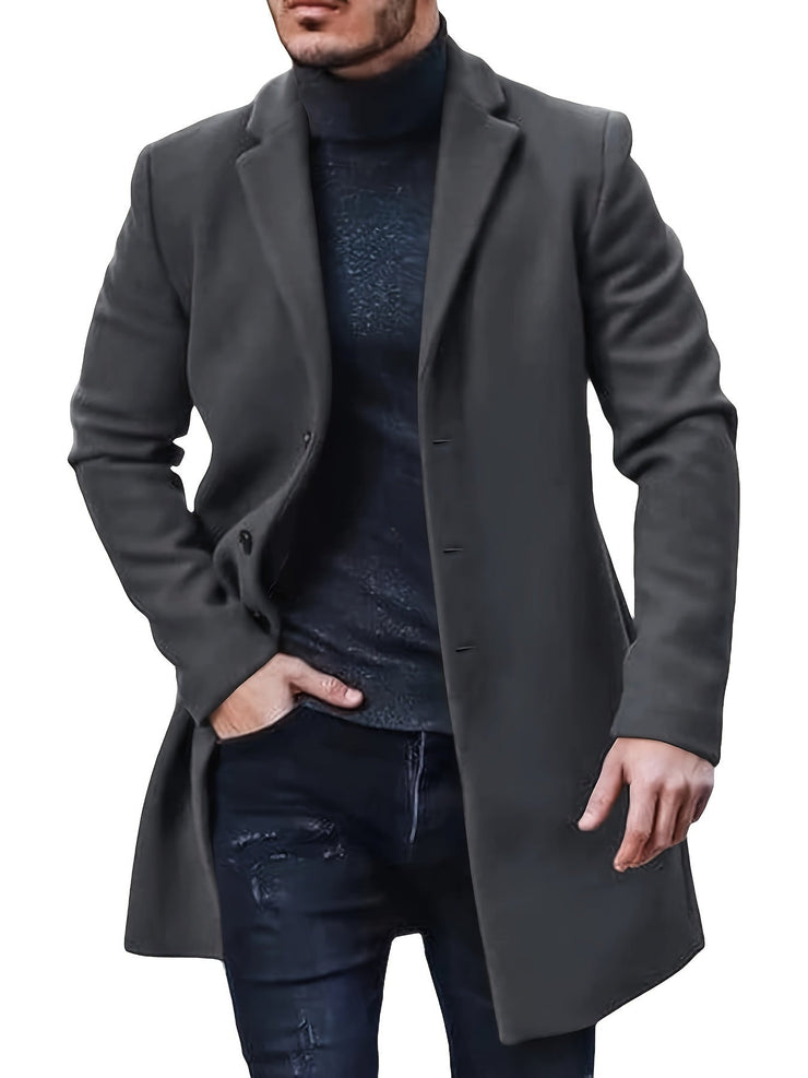 Men's woolen coat lapel collar midlength button closure