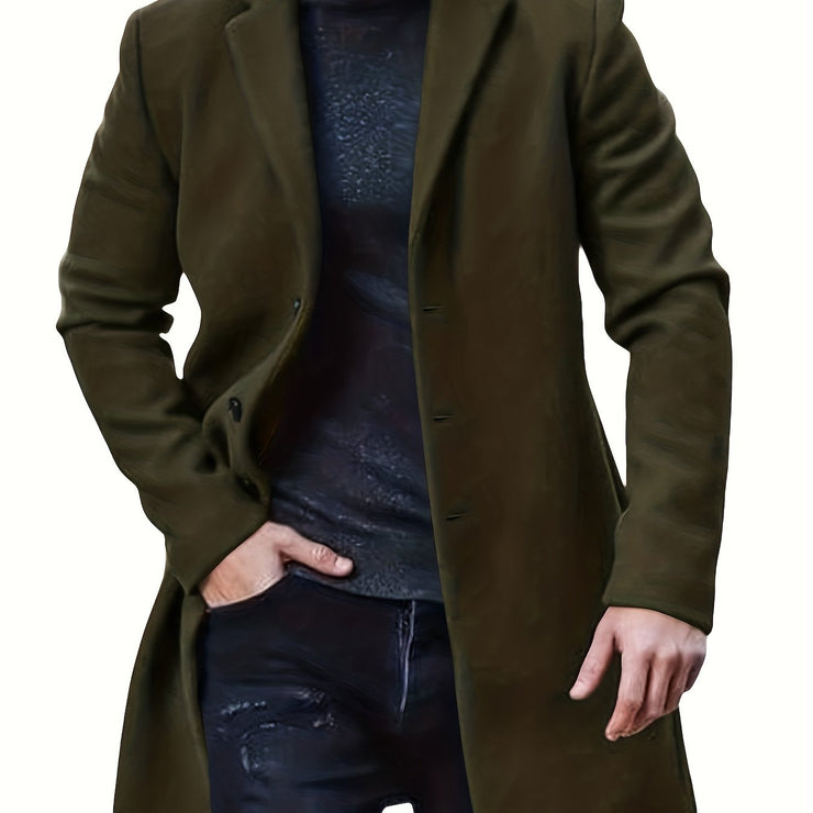 Men's woolen coat lapel collar midlength button closure