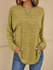 Women's long sleeve round neck spliced striped t-shirt for autumn and winter