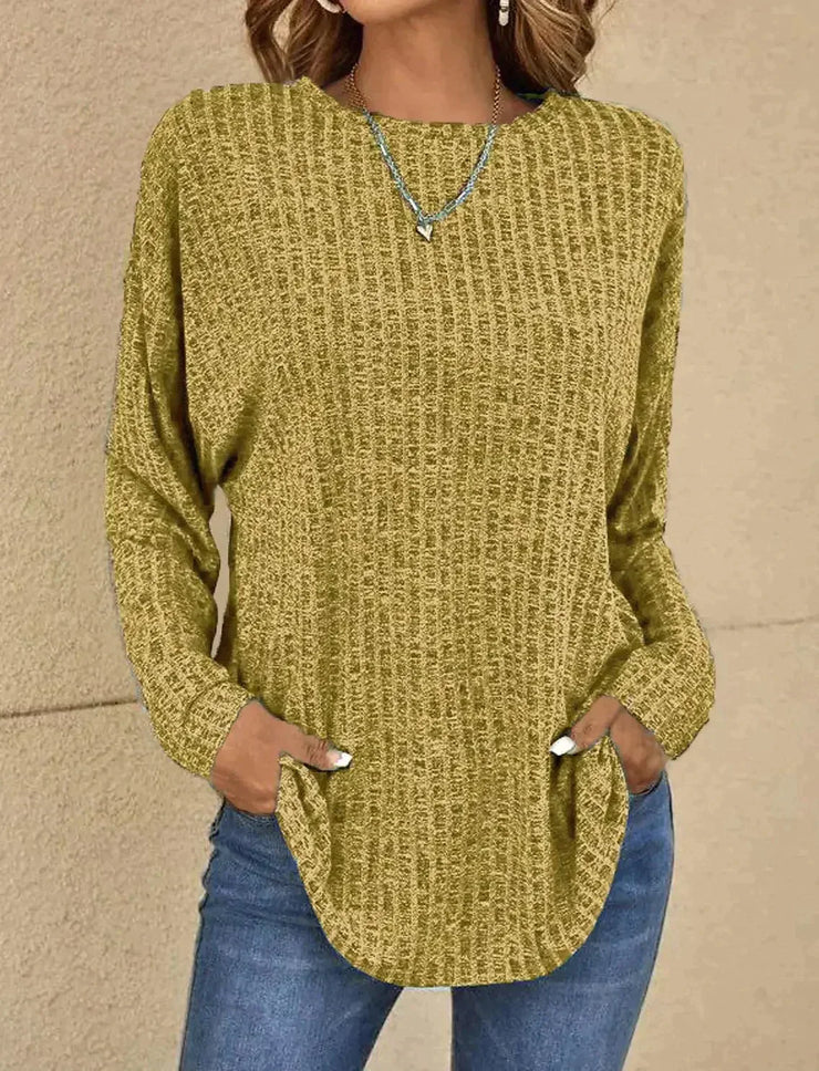 Women's long sleeve round neck spliced striped t-shirt for autumn and winter
