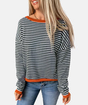 Women's drop shoulder striped contrast color knitted sweater