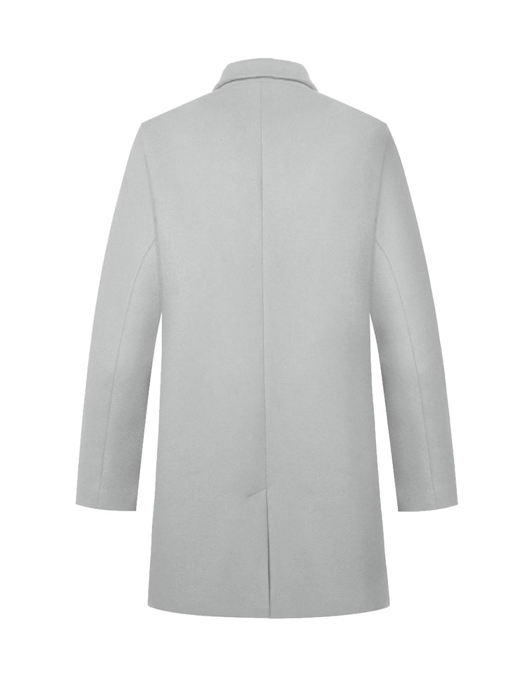 Men's woolen coat lapel collar midlength button closure