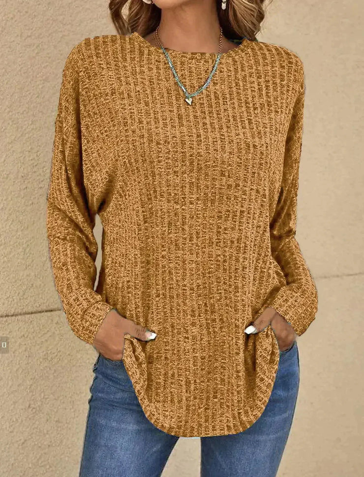 Women's long sleeve round neck spliced striped t-shirt for autumn and winter
