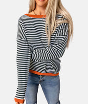 Women's drop shoulder striped contrast color knitted sweater