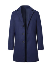 Men's woolen coat lapel collar midlength button closure