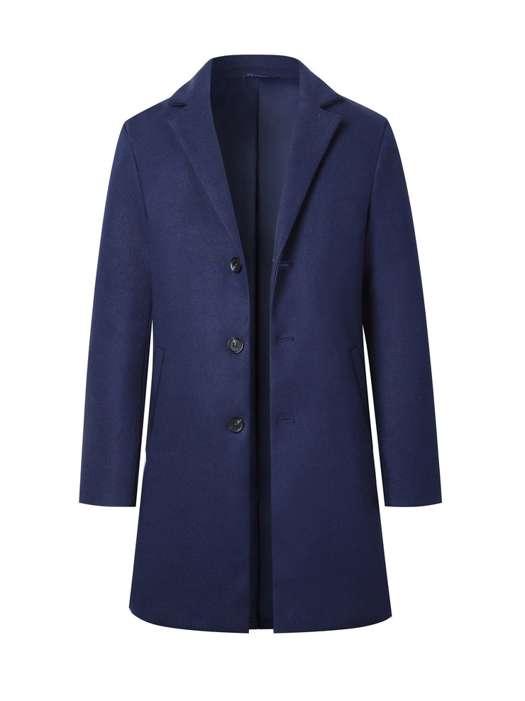 Men's woolen coat lapel collar midlength button closure