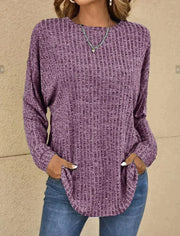 Women's long sleeve round neck spliced striped t-shirt for autumn and winter