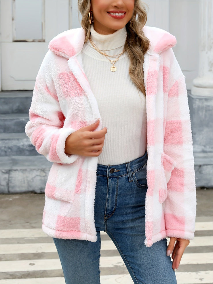 Women's plaid plush pocket long-sleeved winter casual coat