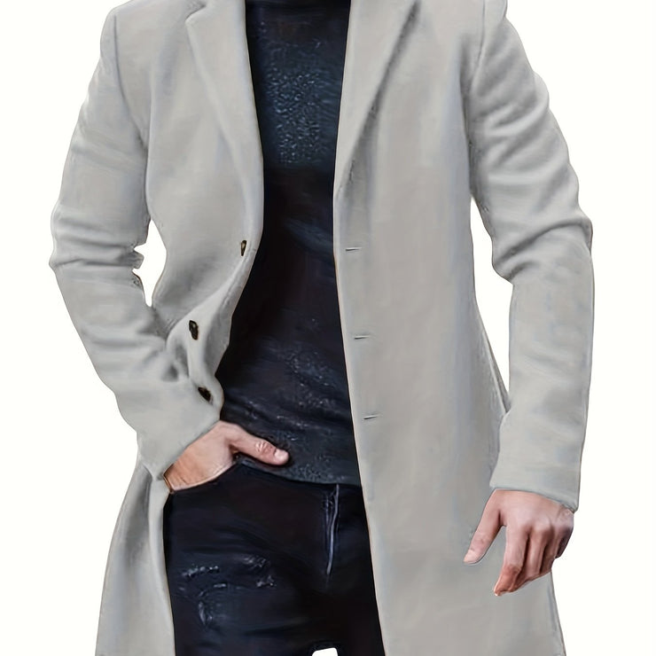 Men's woolen coat lapel collar midlength button closure