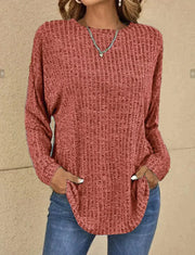 Women's long sleeve round neck spliced striped t-shirt for autumn and winter