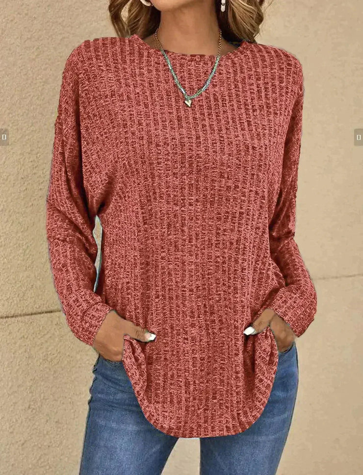 Women's long sleeve round neck spliced striped t-shirt for autumn and winter