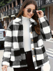 Women's plaid plush pocket long-sleeved winter casual coat