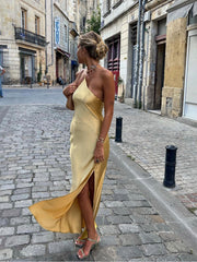 Women's open back satin slit long dress