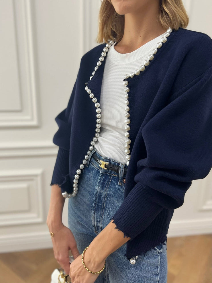 Women's trimmed ripped hem cardigan