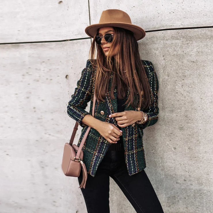 Women's double-breasted plaid blazer