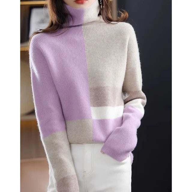 Women's high neck color blocking slouchy sweater