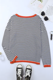 Women's drop shoulder striped contrast color knitted sweater