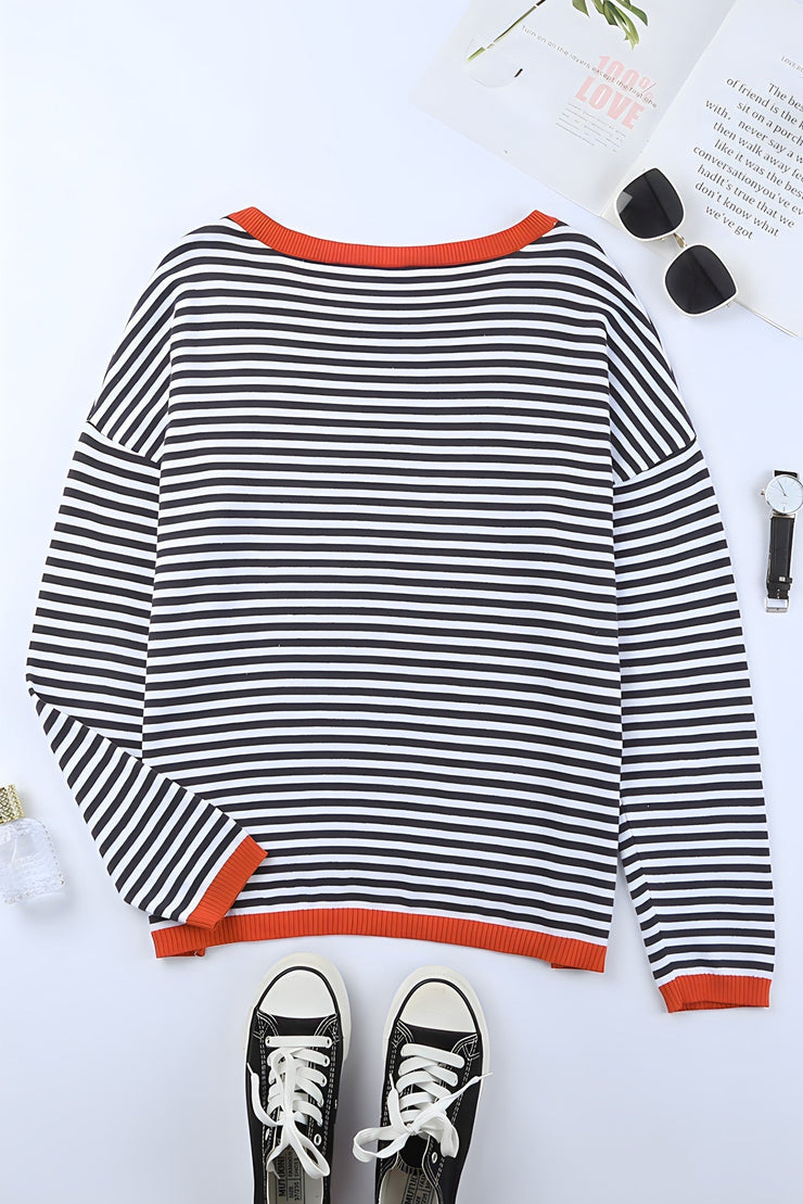 Women's drop shoulder striped contrast color knitted sweater