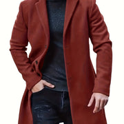 Men's woolen coat lapel collar midlength button closure