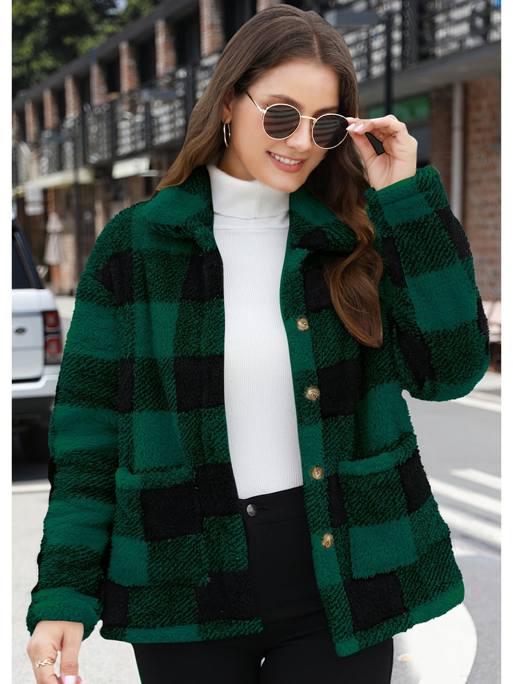 Women's plaid plush pocket long-sleeved winter casual coat