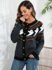 Women's halloween ghost polka dot long-sleeve knitted cardigan sweater