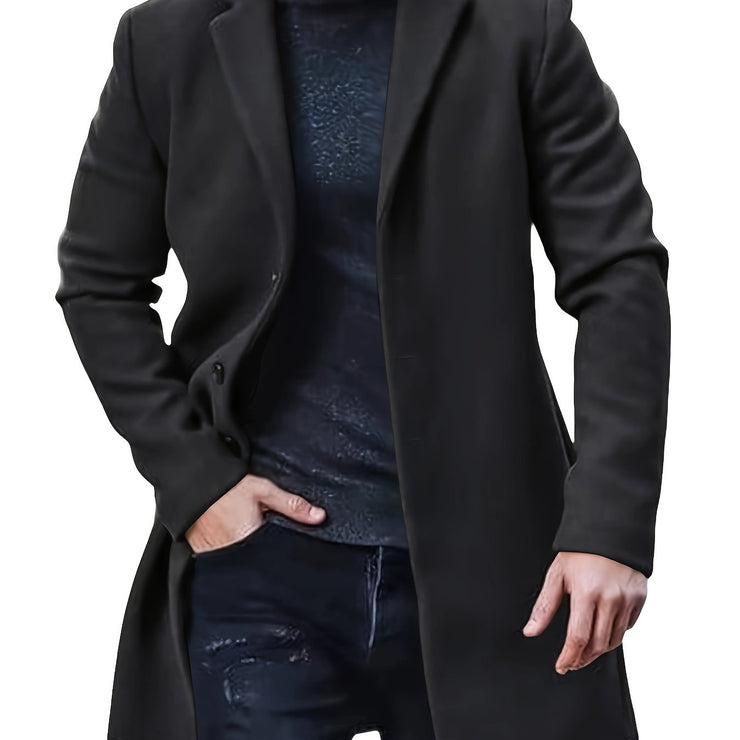 Men's woolen coat lapel collar midlength button closure