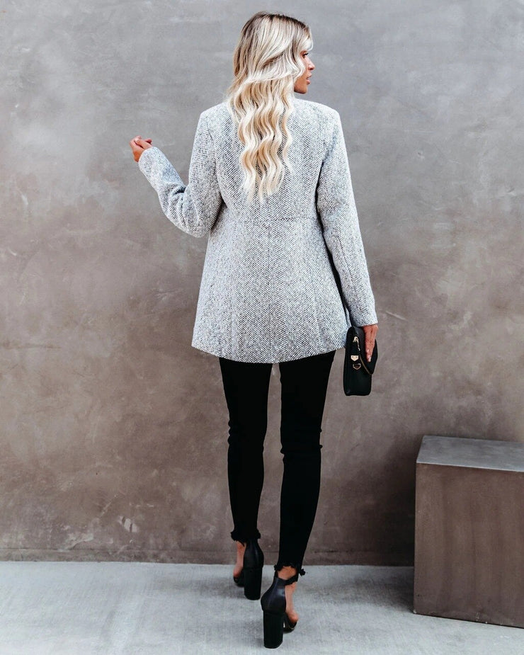 Women's autumn winter thickened tweed jacket with notched neckline and pockets