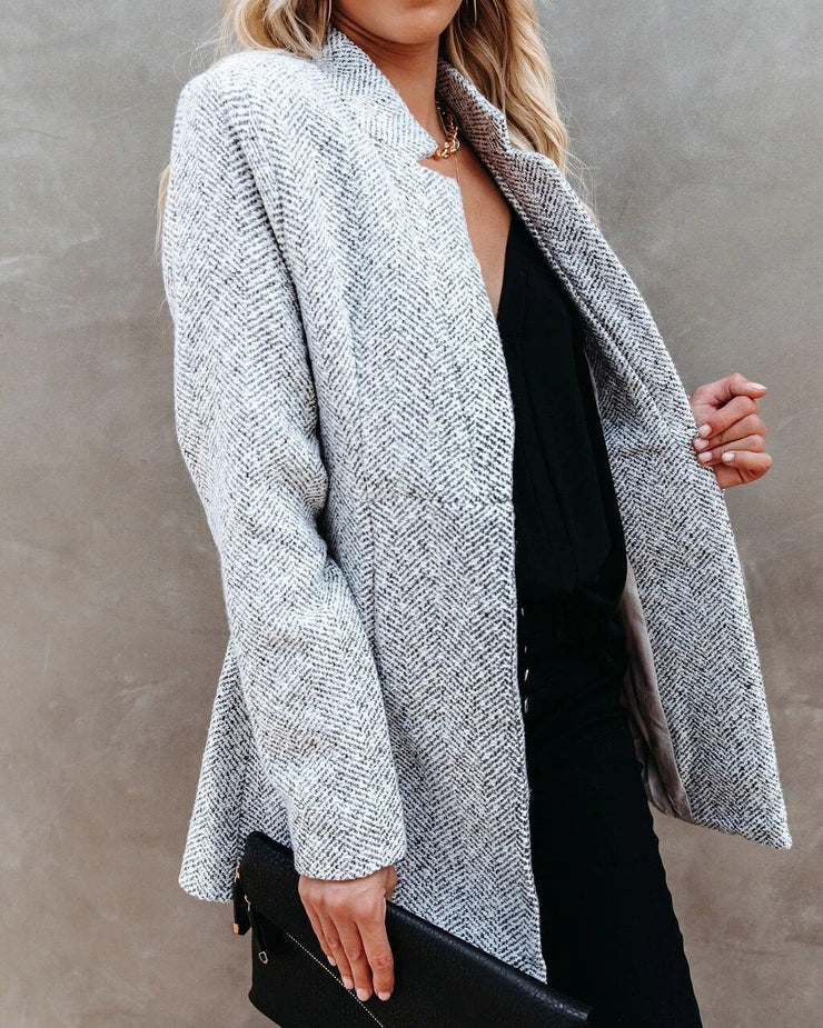 Women's autumn winter thickened tweed jacket with notched neckline and pockets