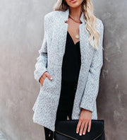 Women's autumn winter thickened tweed jacket with notched neckline and pockets