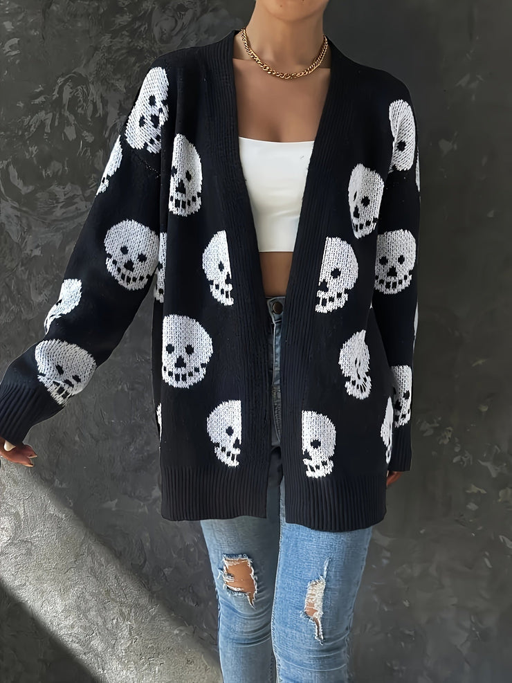 Women's halloween skull jacquard long-sleeve knitted cardigan