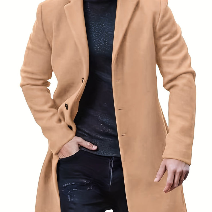 Men's woolen coat lapel collar midlength button closure