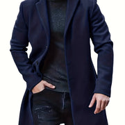 Men's woolen coat lapel collar midlength button closure