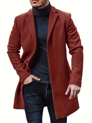 Men's woolen coat lapel collar midlength button closure