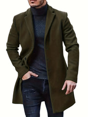 Men's woolen coat lapel collar midlength button closure