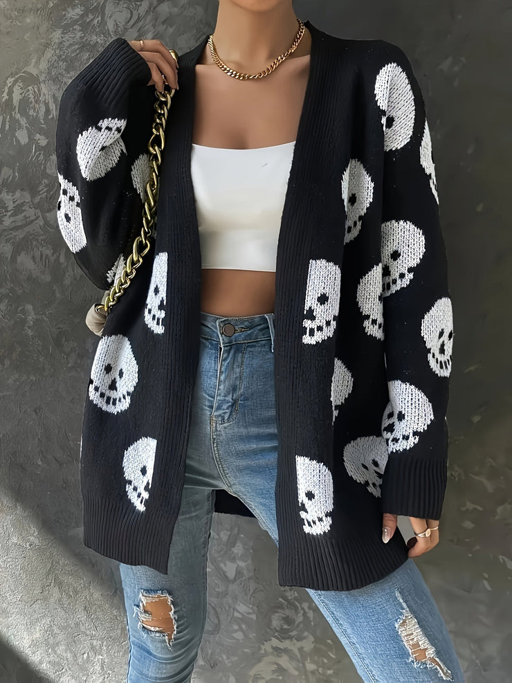 Women's halloween skull jacquard long-sleeve knitted cardigan
